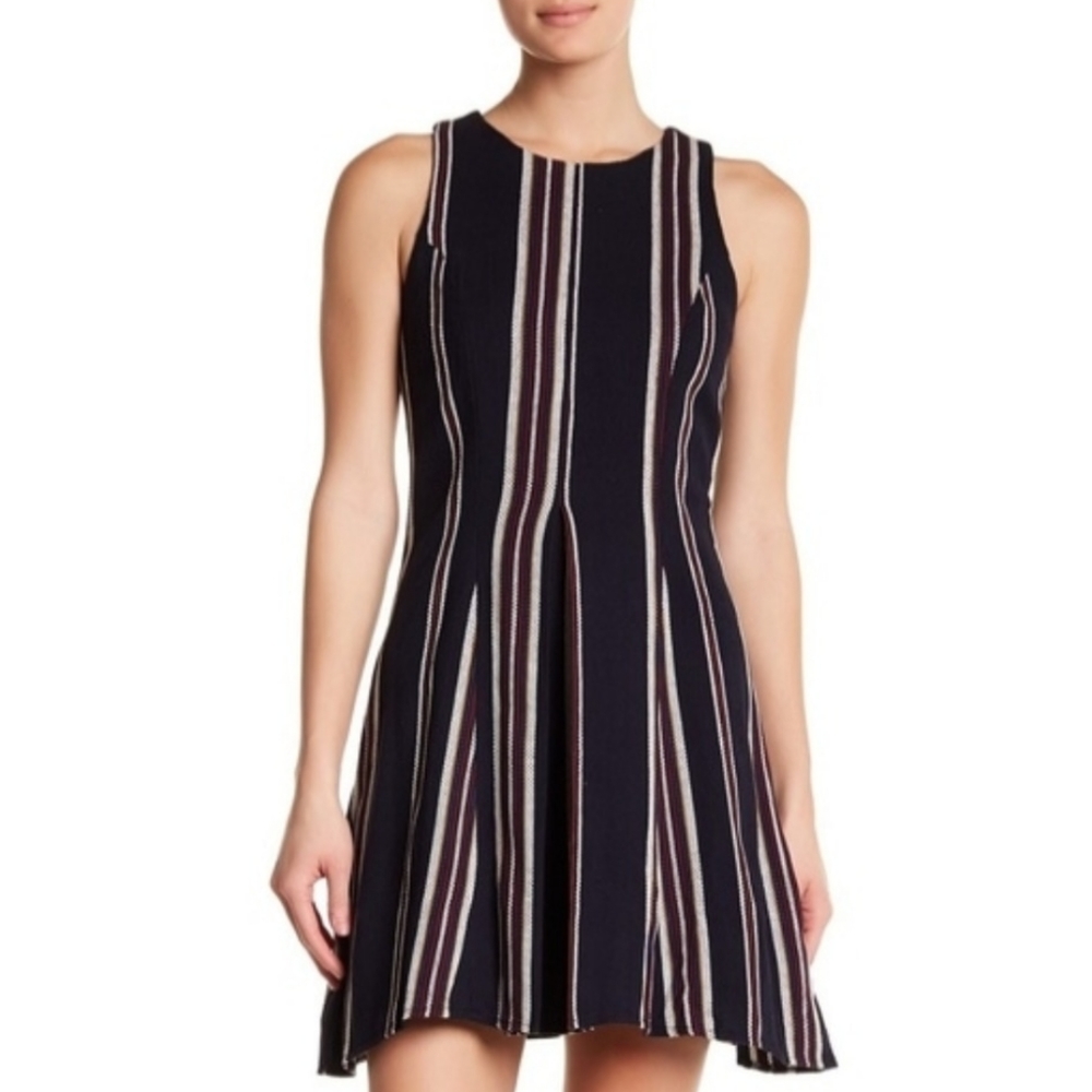 Olive & Oak Striped Crew Neck Pleated Skater Dress